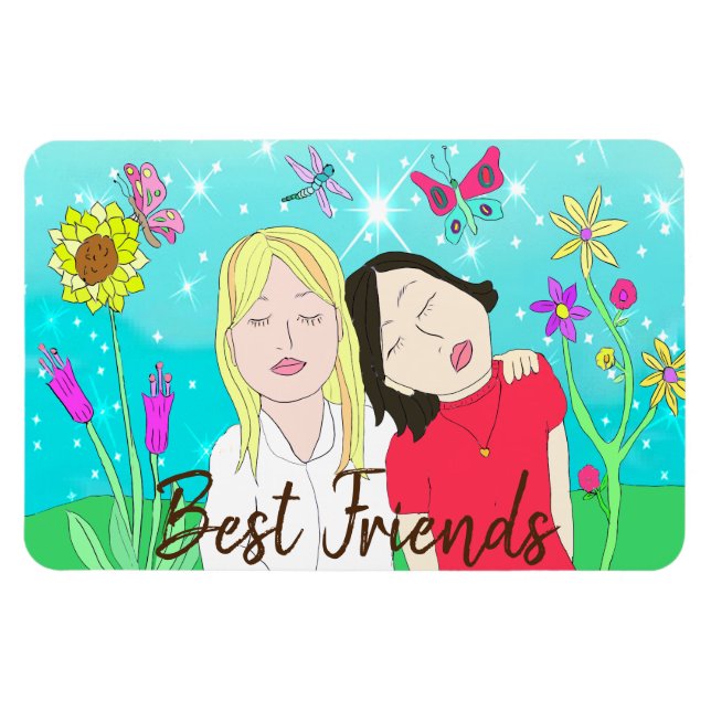 Sisters Whimsical Folk Art Hand drawn Magnet (Horizontal)