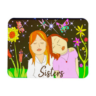 Sisters Whimsical Folk Art Hand drawn Magnet
