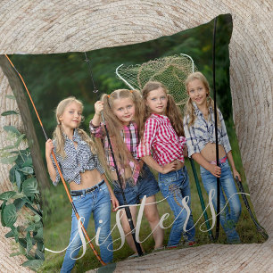 Sisters White Script Overlay 2 Photo Personalised Cushion