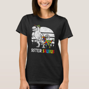 Sistersaurus Rex Dinosaur Puzzle Blue Autism Aware T-Shirt