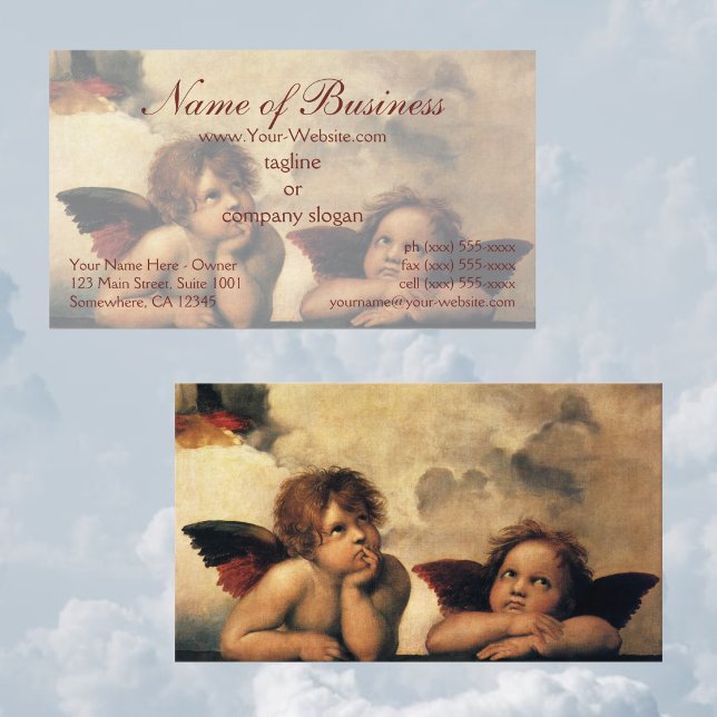 Sistine Madonna Angels by Raphael Raffaello Business Card (Sistine Madonna Angels by Raphael features two angels looking upwards towards the clouds and heaven.)