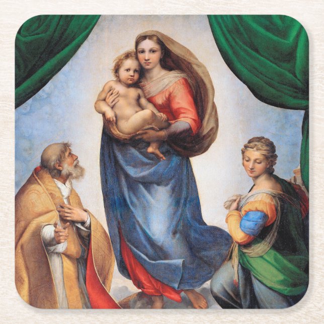 Sistine Madonna, Raphael Square Paper Coaster (Front)