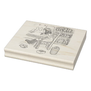 sit down at a desk in a small room rubber stamp