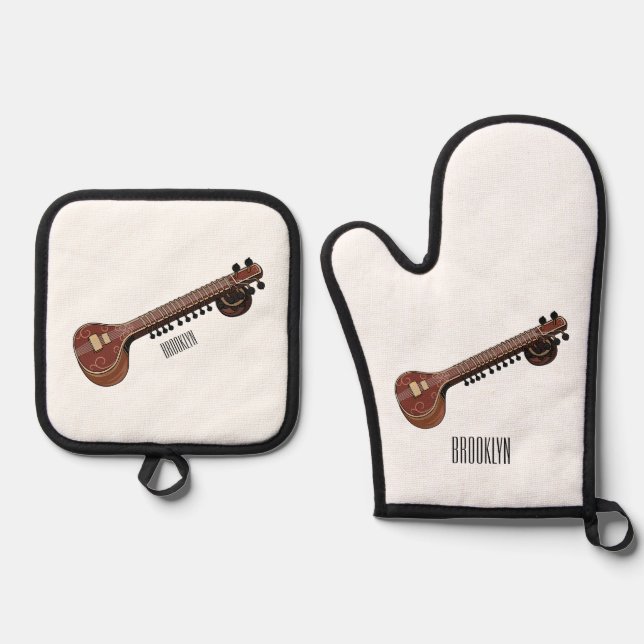 Sitar cartoon illustration oven mitt & pot holder set (Front)