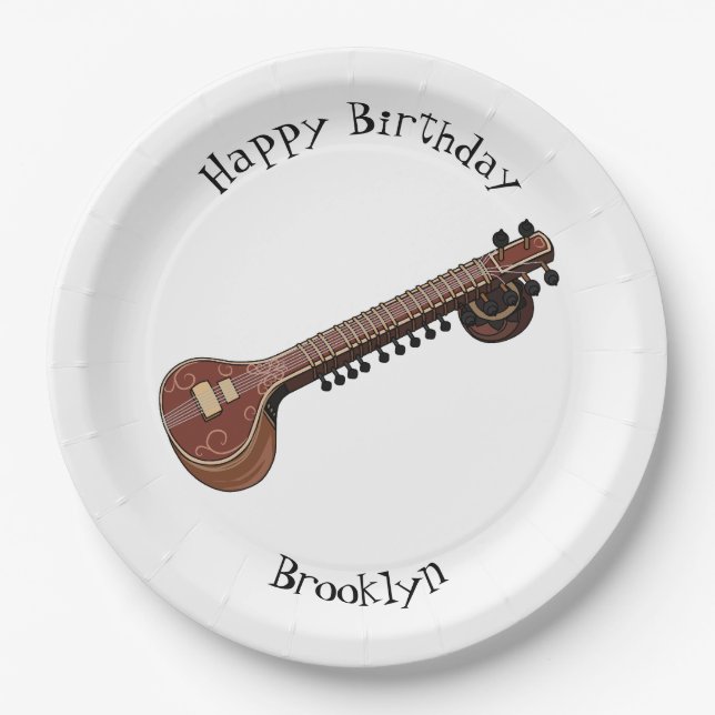 Sitar cartoon illustration paper plate (Front)