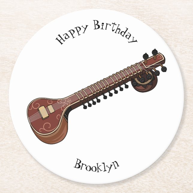 Sitar cartoon illustration round paper coaster (Front)