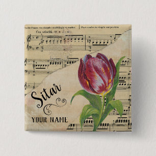 Sitar Tulip Vintage Sheet Music Customised 15 Cm Square Badge