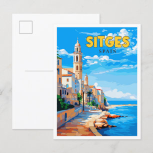 Sitges Spain vintage travel illustration Postcard