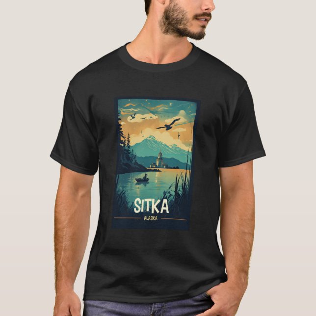 Sitka Alaska Retro Travel Poster Graphic T-Shirt (Front)