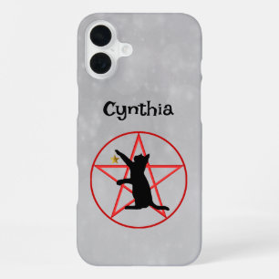 Sitting Black Cat Gold Star on Red Pentagram Grey iPhone 16 Plus Case