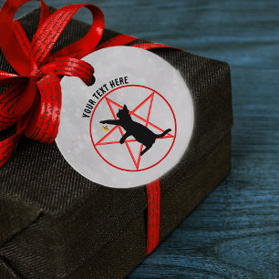 Sitting Black Cat Red Pentagram in Circle Grey Favour Tags