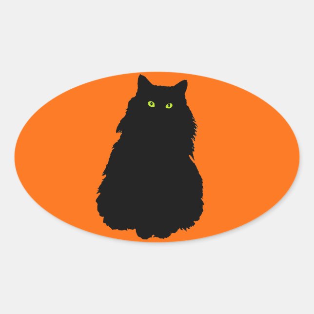 Sitting Black Cat Silhouette on Orange Oval Sticker (Front)