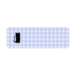 Sitting Black Cat Silhouette. On pale blue check.