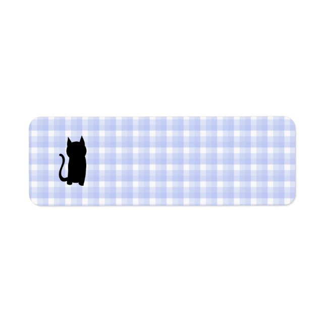 Sitting Black Cat Silhouette. On pale blue check. (Front)