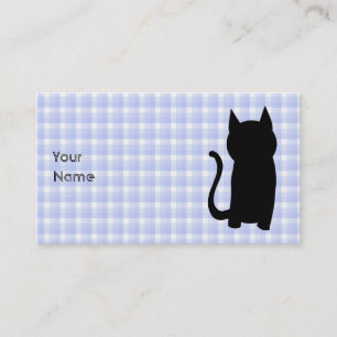 Sitting Black Cat Silhouette. On pale blue check. Business Card