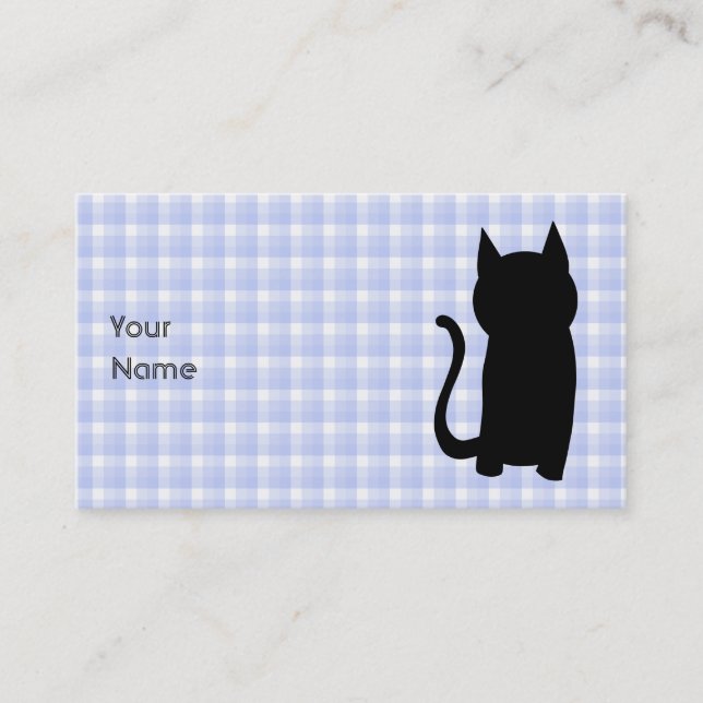 Sitting Black Cat Silhouette. On pale blue check. Business Card (Front)