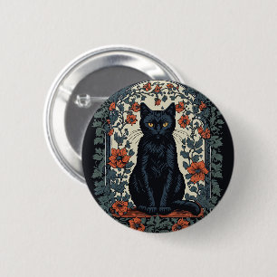 Sitting Black Cat Vintage Floral 6 Cm Round Badge
