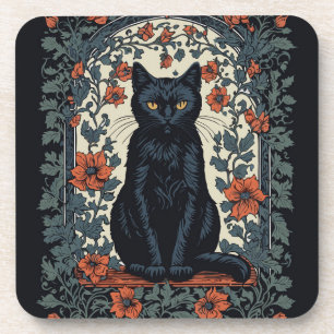 Sitting Black Cat Vintage Floral Coaster