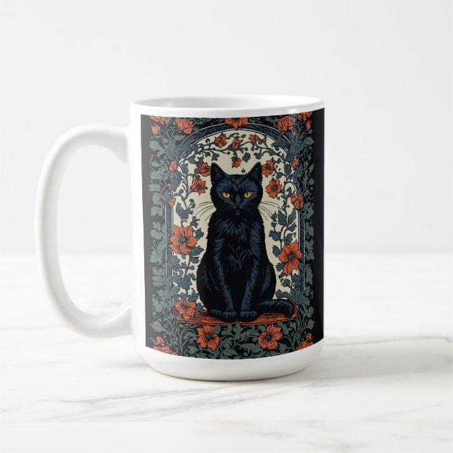 Sitting Black Cat Vintage Floral Coffee Mug (Left)