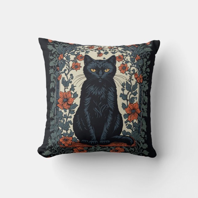 Sitting Black Cat Vintage Floral Cushion (Front)