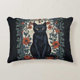 Sitting Black Cat Vintage Floral Decorative Cushion