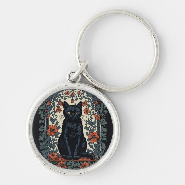 Sitting Black Cat Vintage Floral Key Ring (Front)