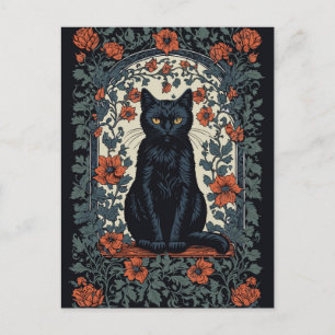 Sitting Black Cat Vintage Floral Postcard