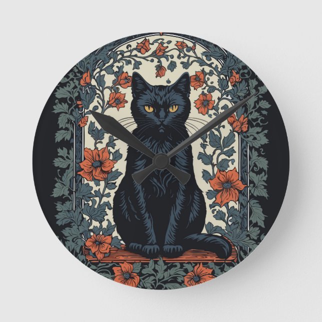 Sitting Black Cat Vintage Floral Round Clock (Front)