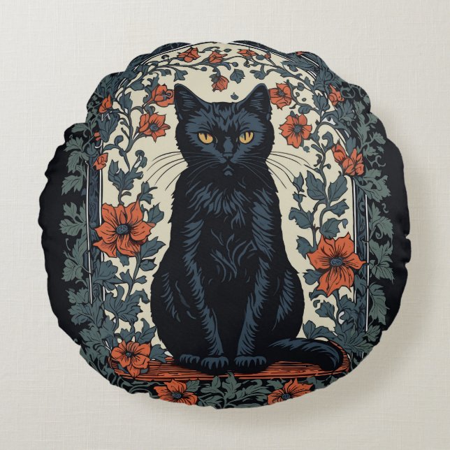 Sitting Black Cat Vintage Floral Round Cushion (Front)