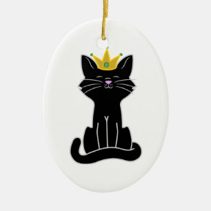 Sitting Black Cat with Gold Crown Ceramic Tree Decoration