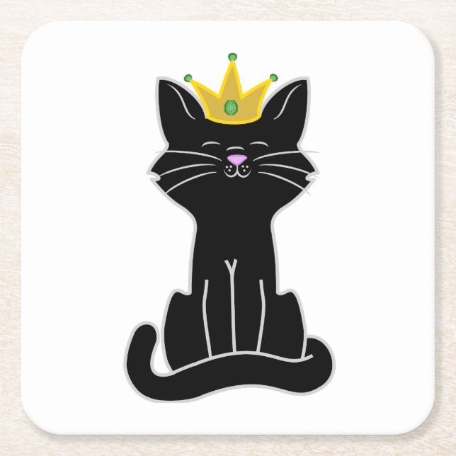 Sitting Black Cat with Gold Crown Square Paper Coaster (Front)