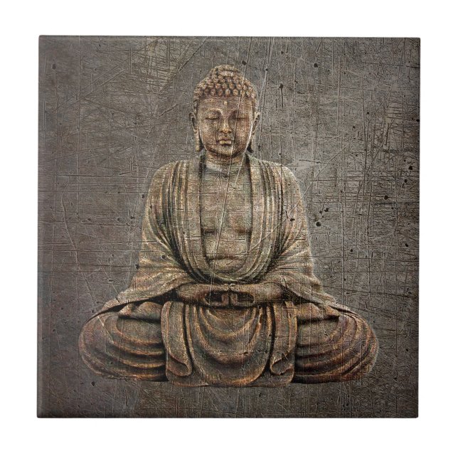 Sitting Buddha On Distressed Metal Background Tile (Front)