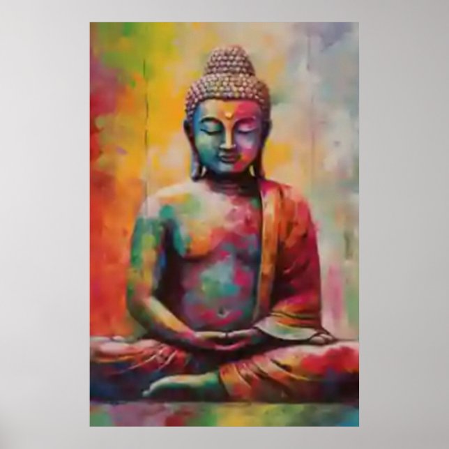 Sitting Buddha with Rainbow Overlay Art Print (Front)