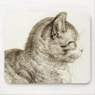 Sitting cat black and white pencil drawing mouse mat