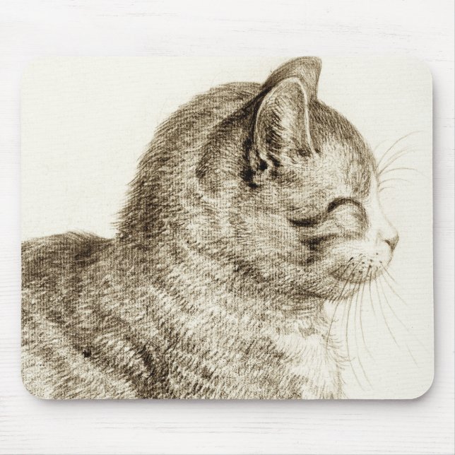 Sitting cat black and white pencil drawing mouse mat (Front)