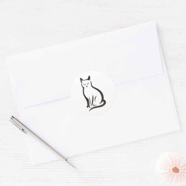 Sitting Cat – Minimalist Ink Silhouette on Classic Round Sticker (Envelope)