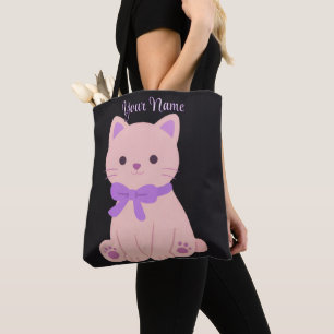 Sitting Cat Purple Bow Cute Kawaii Custom Black Tote Bag