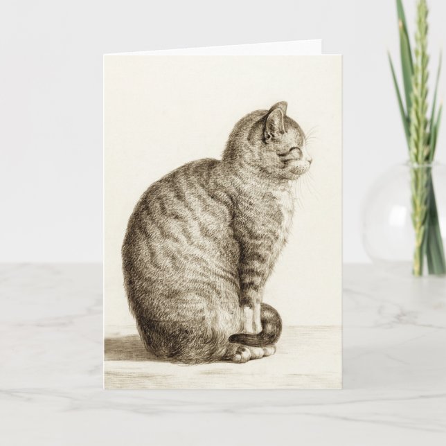 Sitting cat vintage sepia pencil drawing card (Front)