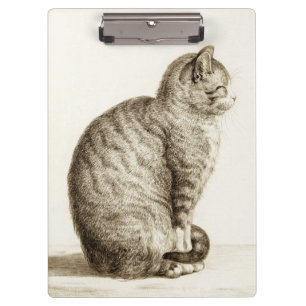 Sitting cat vintage sepia pencil drawing clipboard