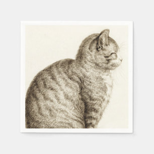 Sitting cat vintage sepia pencil drawing napkin