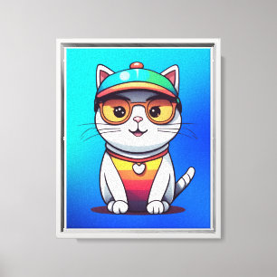 Sitting Cat Wearing Glasses And Hat Canvas Print