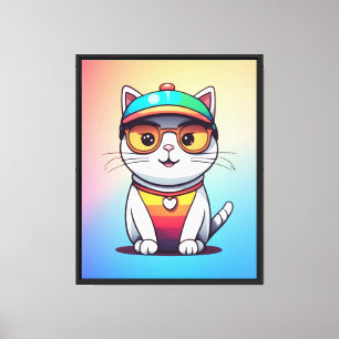 Sitting Cat Wearing Glasses And Hat  Canvas Print
