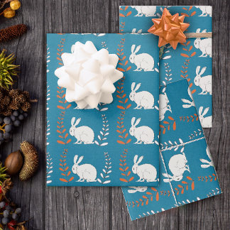sitting elegant White Rabbit Flowers Dark Blue Wrapping Paper Sheet