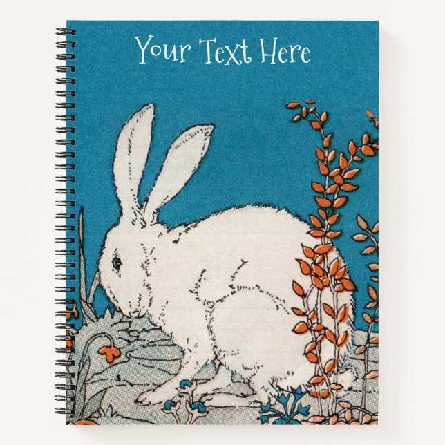 Sitting Fluffy White Rabbit Orange White Flowers Notebook (Front)