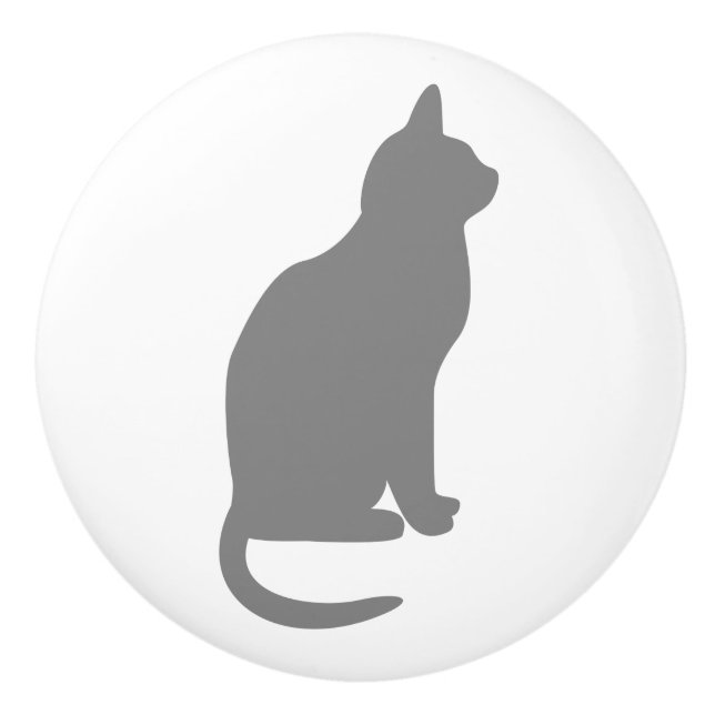 Sitting Grey Cat Facing Right Ceramic Knob (Front)
