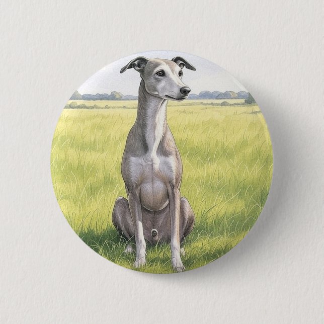 Sitting Greyhound Watercolor Button Pin (Front)