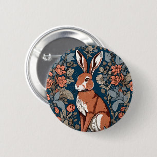Sitting Hare William Morris Inspired Floral 6 Cm Round Badge