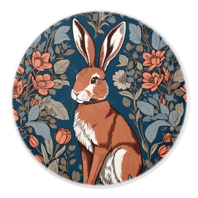 Sitting Hare William Morris Inspired Floral Ceramic Knob (Front)
