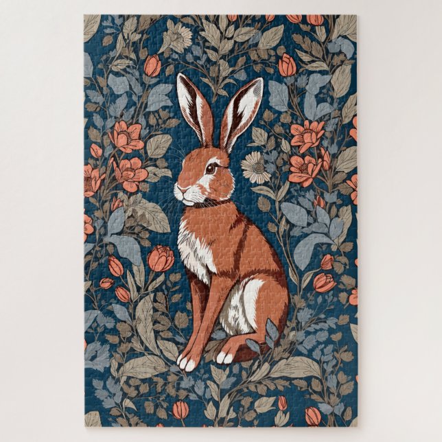 Sitting Hare William Morris Inspired Floral Jigsaw Puzzle (Vertical)
