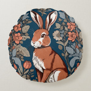 Sitting Hare William Morris Inspired Floral Round Cushion